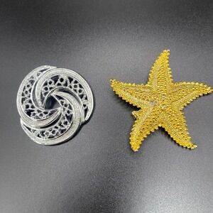 Vintage Gerry's Brooch Lot of 2 Starfish Gold Tone Swirl Silver Tone